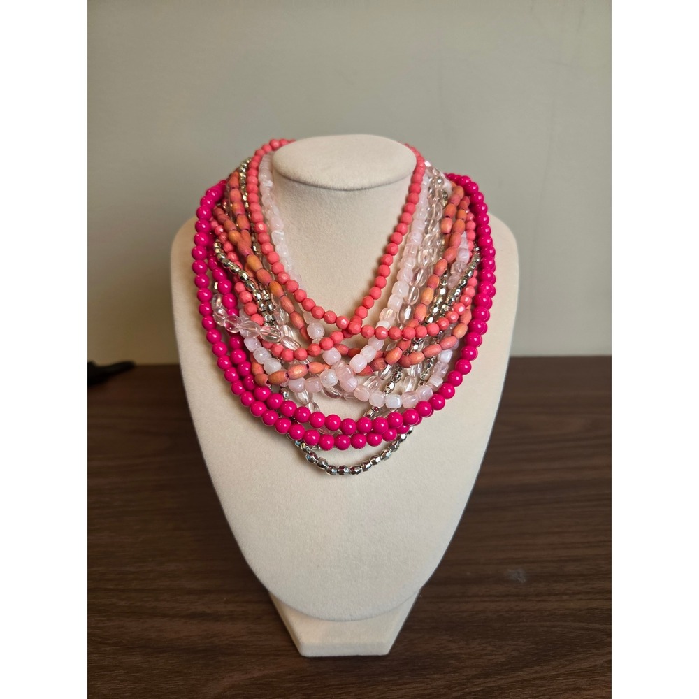 Multi Strand Beaded Statement Necklace Pink Coral Peach Layered Bib Silver Tone